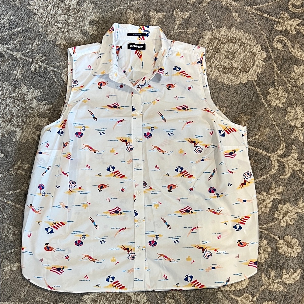 Land’s End White Sleeveless Blouse with Nautical Print
